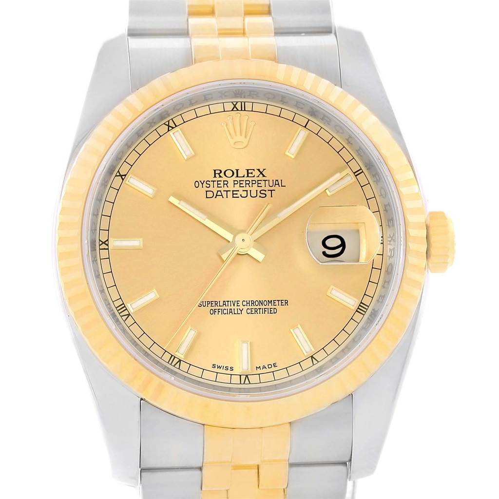 This image shows a Rolex Datejust 116233 Men's Stainless Steel Champagne Dial 116233 Men's Stainless Steel Champagne Dial watch from a front angle, highlighting the dial, bezel, bracelet, and crown.