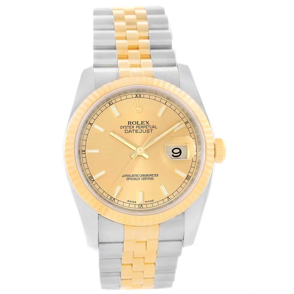The image shows a front view of a Rolex Datejust 116233 Men's Stainless Steel Champagne Dial 116233 Men's Stainless Steel Champagne Dial watch, highlighting its gold dial, fluted bezel, and two-tone bracelet.