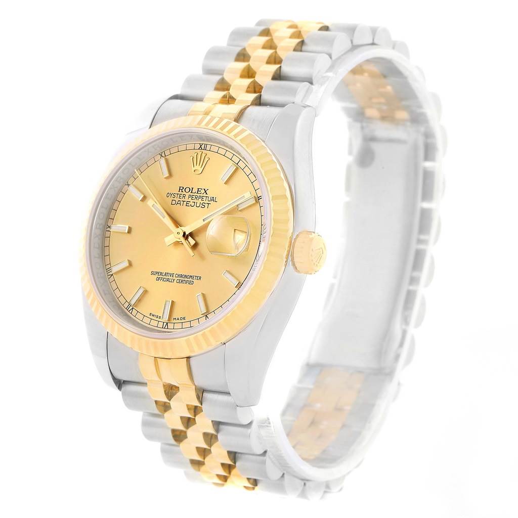 The image shows a Rolex Datejust 116233 Men's Stainless Steel Champagne Dial 116233 Men's Stainless Steel Champagne Dial model at an angle, highlighting its gold and silver bracelet and gold dial.
