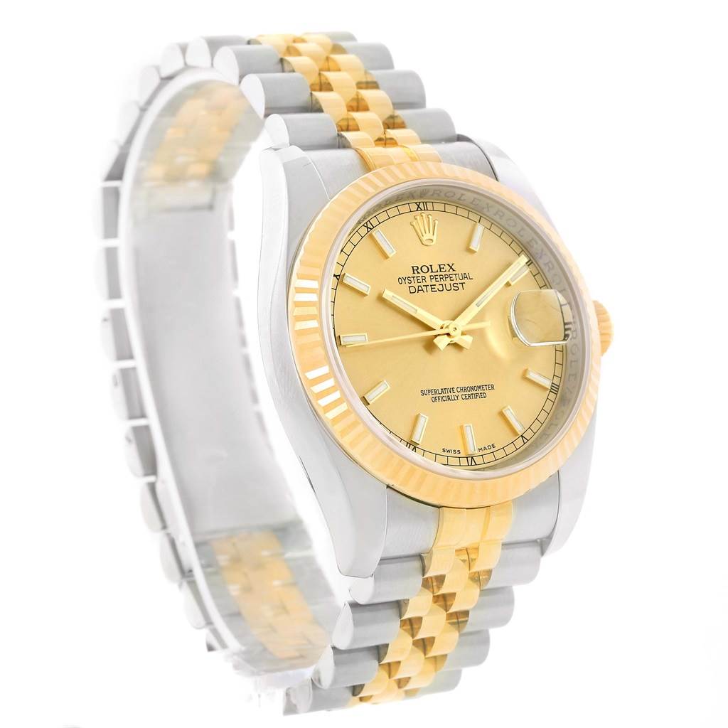 This image shows a Rolex Datejust 116233 Men's Stainless Steel Champagne Dial 116233 Men's Stainless Steel Champagne Dial watch at an oblique angle, highlighting the champagne dial, fluted bezel, and two-tone bracelet.
