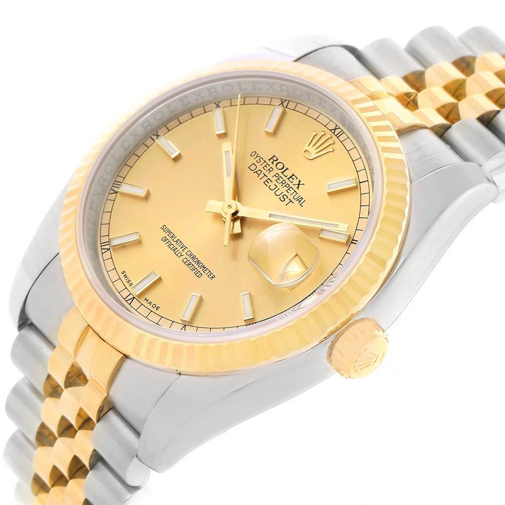 The image shows a Rolex Datejust 116233 Men's Stainless Steel Champagne Dial 116233 Men's Stainless Steel Champagne Dial watch at an angled view highlighting its two-tone bracelet, fluted bezel, crown, and champagne dial.