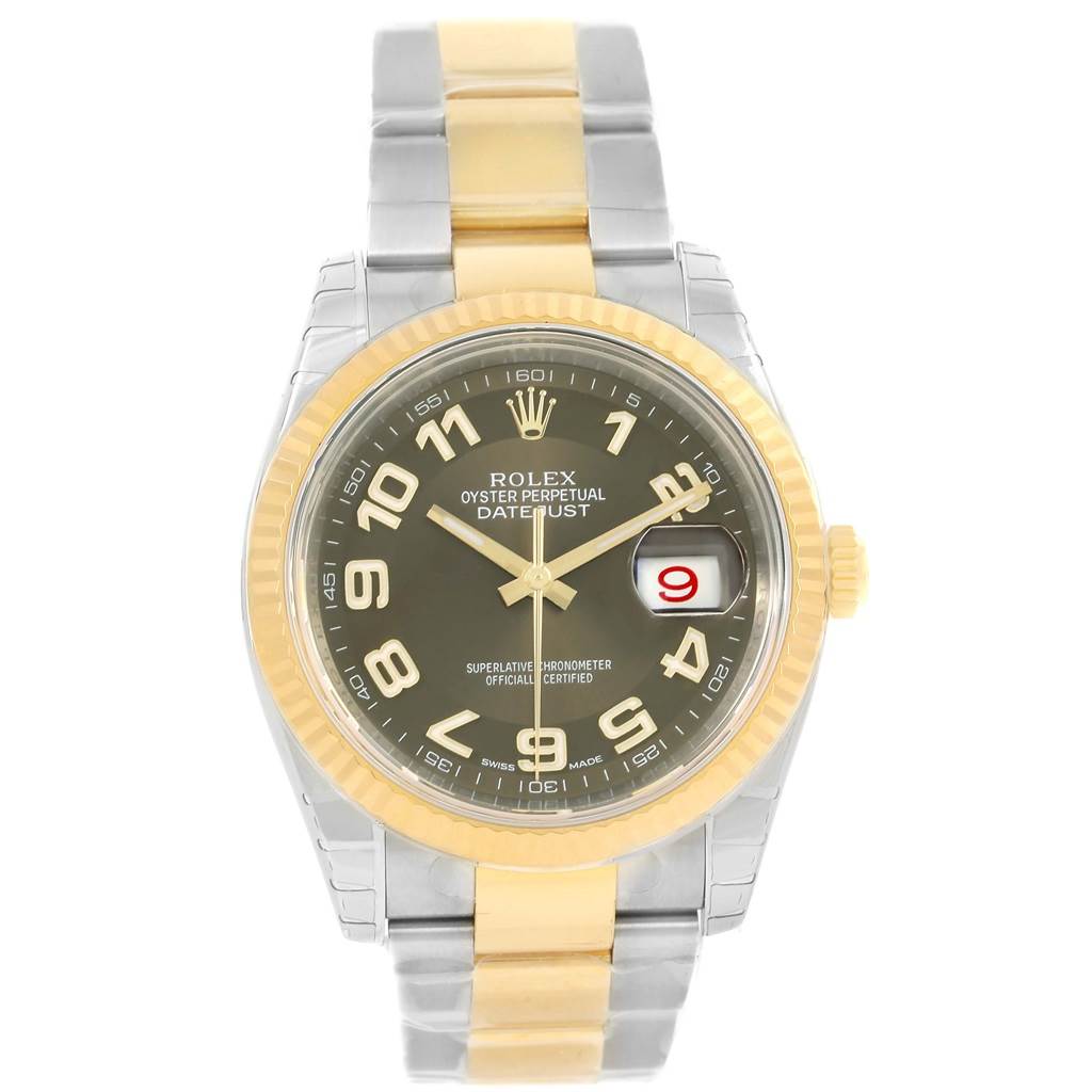 This image shows a front view of a Rolex Datejust 116233 Men
s Stainless Steel Brown Dial 116233 Men
s Stainless Steel Brown Dial watch, displaying the dial, hands, date window, bezel, and bracelet.