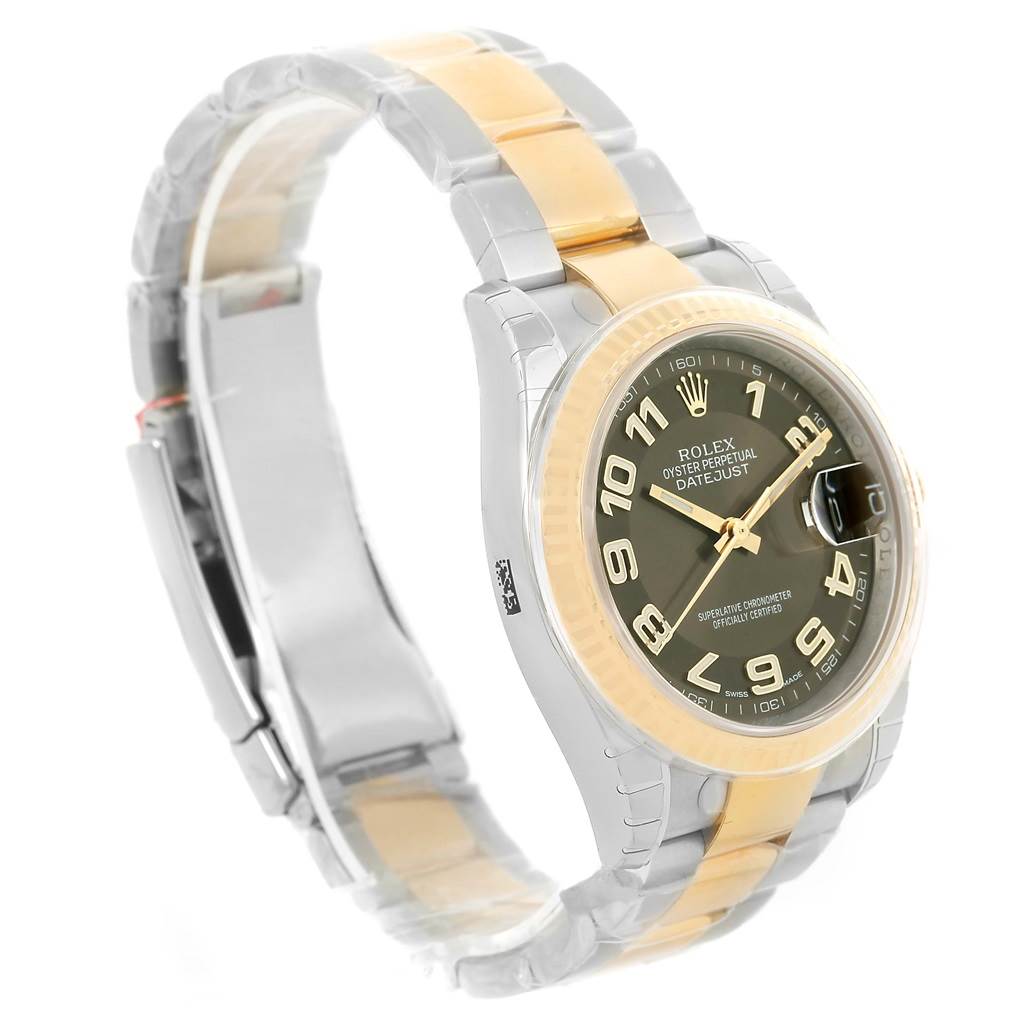 This image shows a Rolex Datejust 116233 Men
s Stainless Steel Brown Dial 116233 Men
s Stainless Steel Brown Dial watch at a three-quarter angle, highlighting its dial, bezel, and two-tone bracelet.