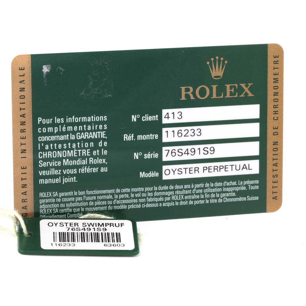 The image shows a warranty card and a hang tag for a Rolex Datejust 116233 Men
s Stainless Steel Brown Dial 116233 Men
s Stainless Steel Brown Dial model with reference number 116233 and serial number 76S491S9.
