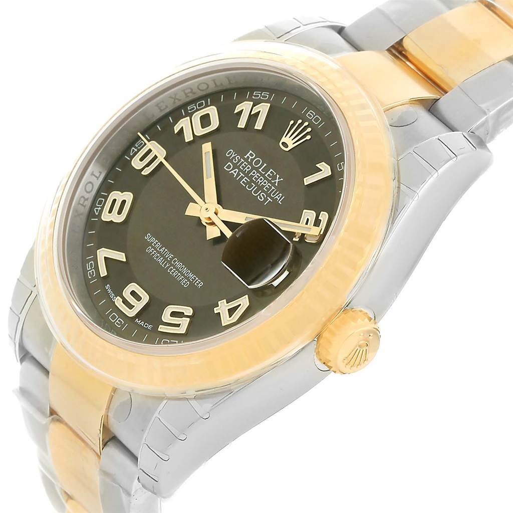 The Rolex Datejust 116233 Men
s Stainless Steel Brown Dial 116233 Men
s Stainless Steel Brown Dial watch is shown at a slight angle, displaying the face, bezel, crown, and part of the bracelet.