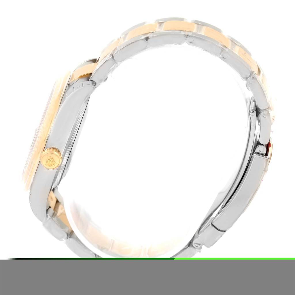 The image shows the side profile of a Rolex Datejust 116233 Men
s Stainless Steel Brown Dial 116233 Men
s Stainless Steel Brown Dial watch, highlighting the crown, case, and part of the bracelet.