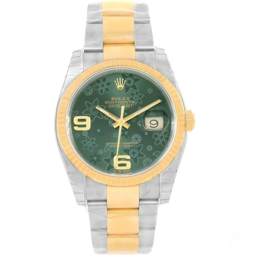 The image shows a front view of a Rolex Datejust 116233 Men's Stainless Steel Green Dial 116233 Men's Stainless Steel Green Dial watch, highlighting the face, bezel, and bracelet.