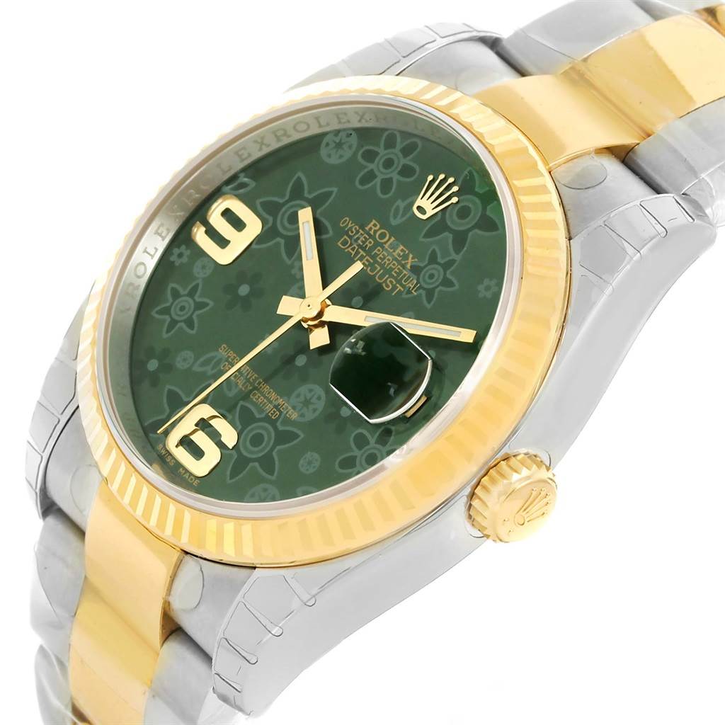 The image shows a close-up angled view of the Rolex Datejust 116233 Men's Stainless Steel Green Dial 116233 Men's Stainless Steel Green Dial watch, highlighting the dial, bezel, and part of the bracelet.