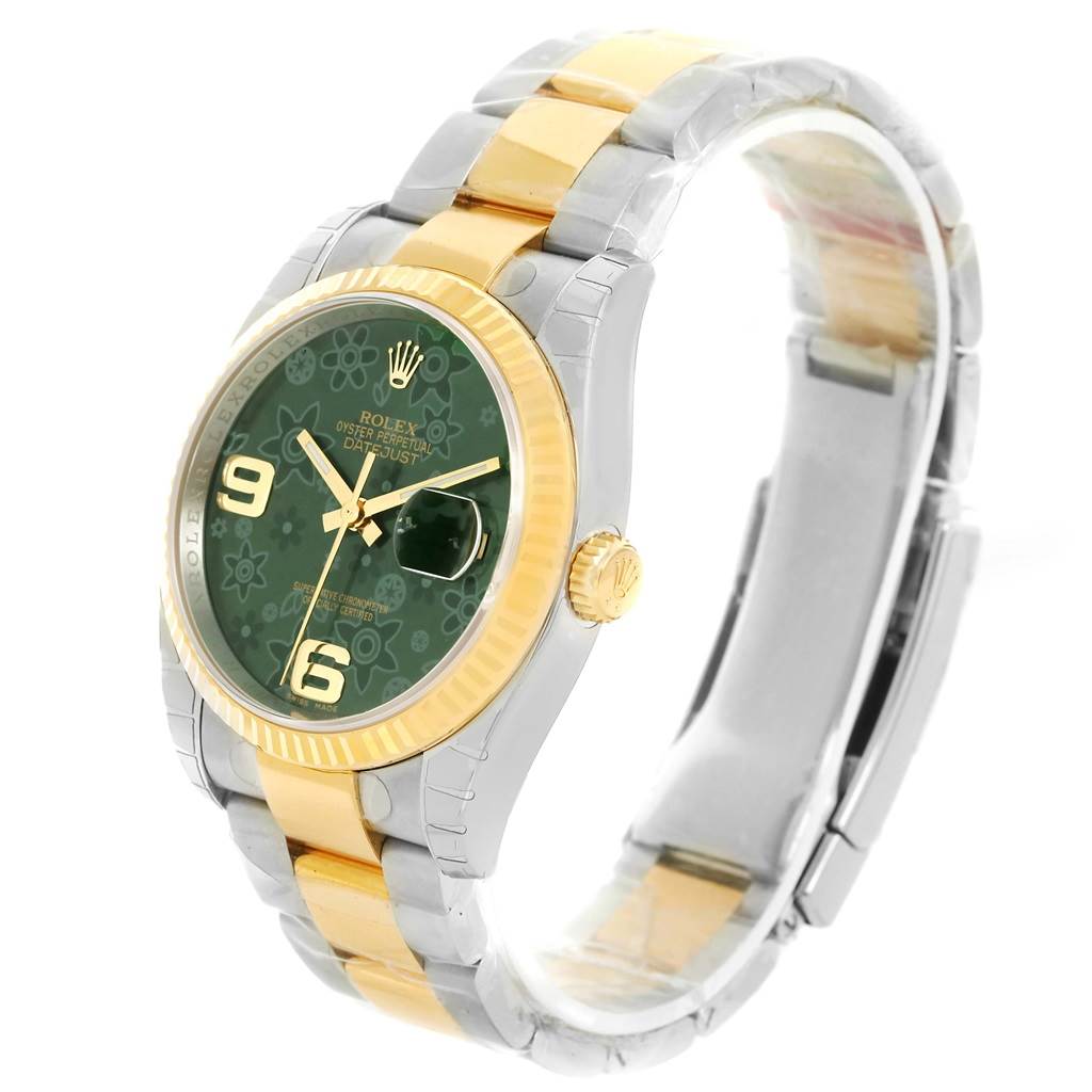 The Rolex Datejust 116233 Men's Stainless Steel Green Dial 116233 Men's Stainless Steel Green Dial watch is shown at a slight angle, highlighting the green dial, gold fluted bezel, and stainless steel and gold bracelet.