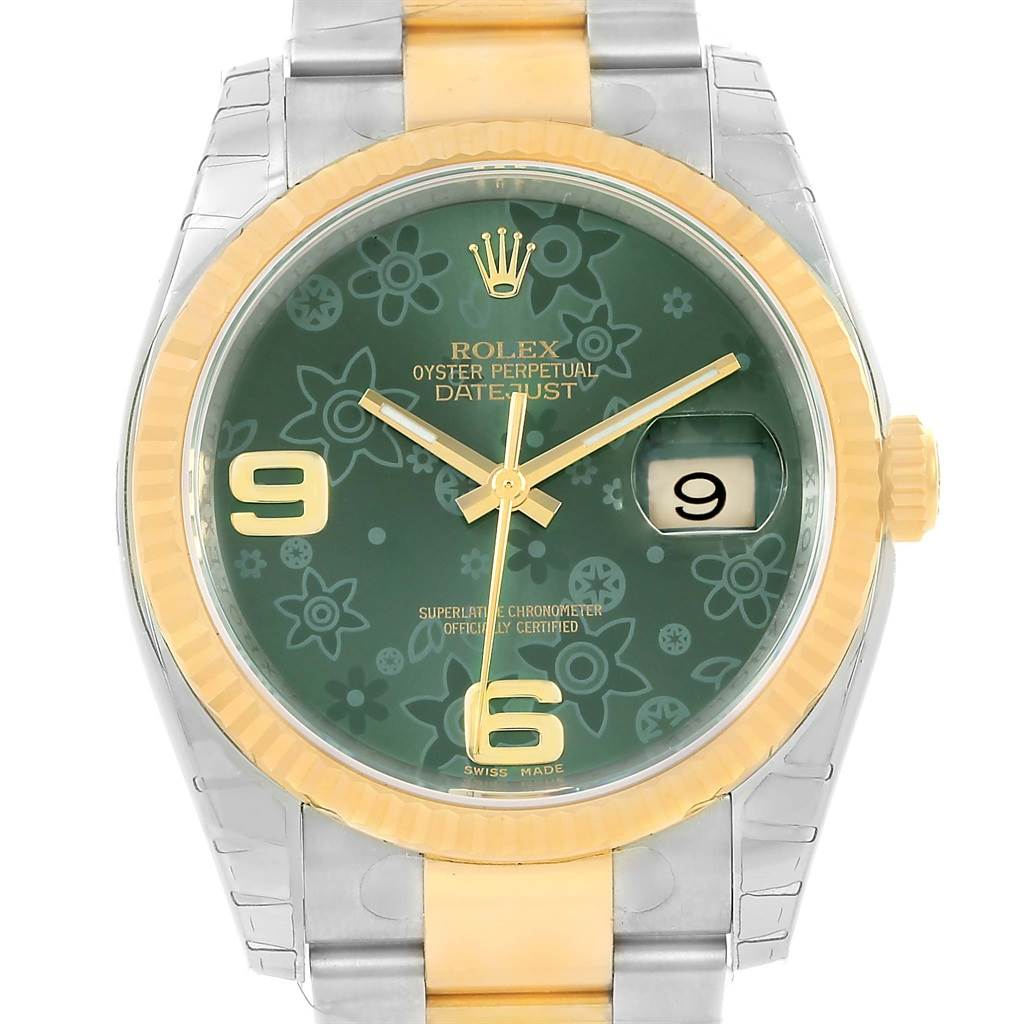 This image shows a front view of a Rolex Datejust 116233 Men's Stainless Steel Green Dial 116233 Men's Stainless Steel Green Dial watch with a green dial and a two-tone bracelet.