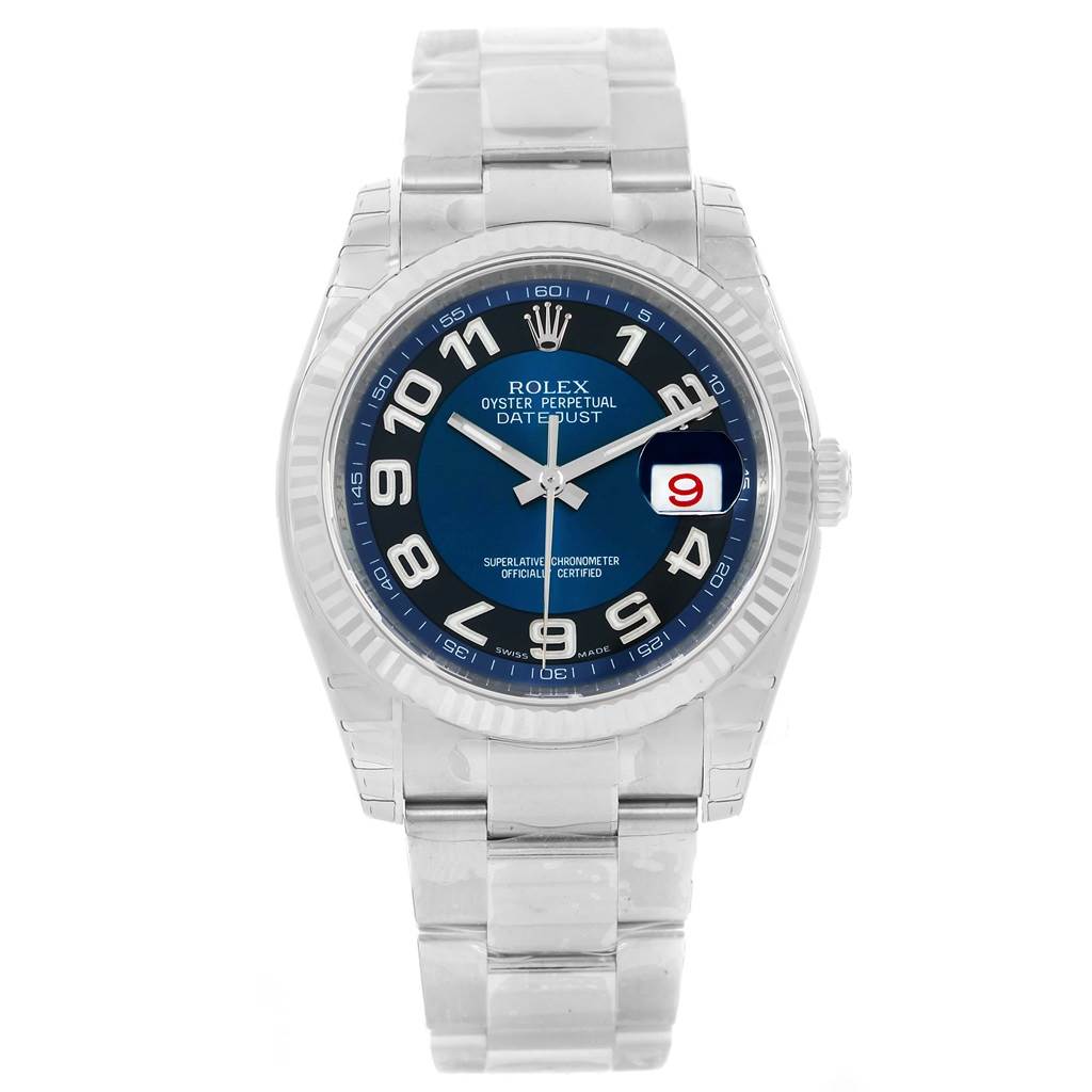 This Rolex Datejust 116234 Men
s Stainless Steel Blue Dial 116234 Men
s Stainless Steel Blue Dial watch is shown from a front view, displaying its blue dial, date window, and stainless steel bracelet.