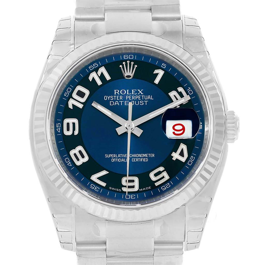 This image shows a frontal view of a Rolex Datejust 116234 Men
s Stainless Steel Blue Dial 116234 Men
s Stainless Steel Blue Dial watch with a blue dial and a date window displaying the number 9.