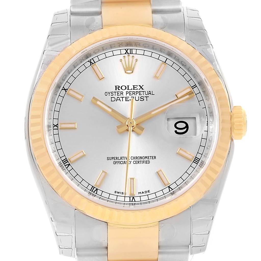 This image shows a frontal view of the dial and bezel of a Rolex Datejust 116233 Men's Stainless Steel Silver Dial 116233 Men's Stainless Steel Silver Dial watch.