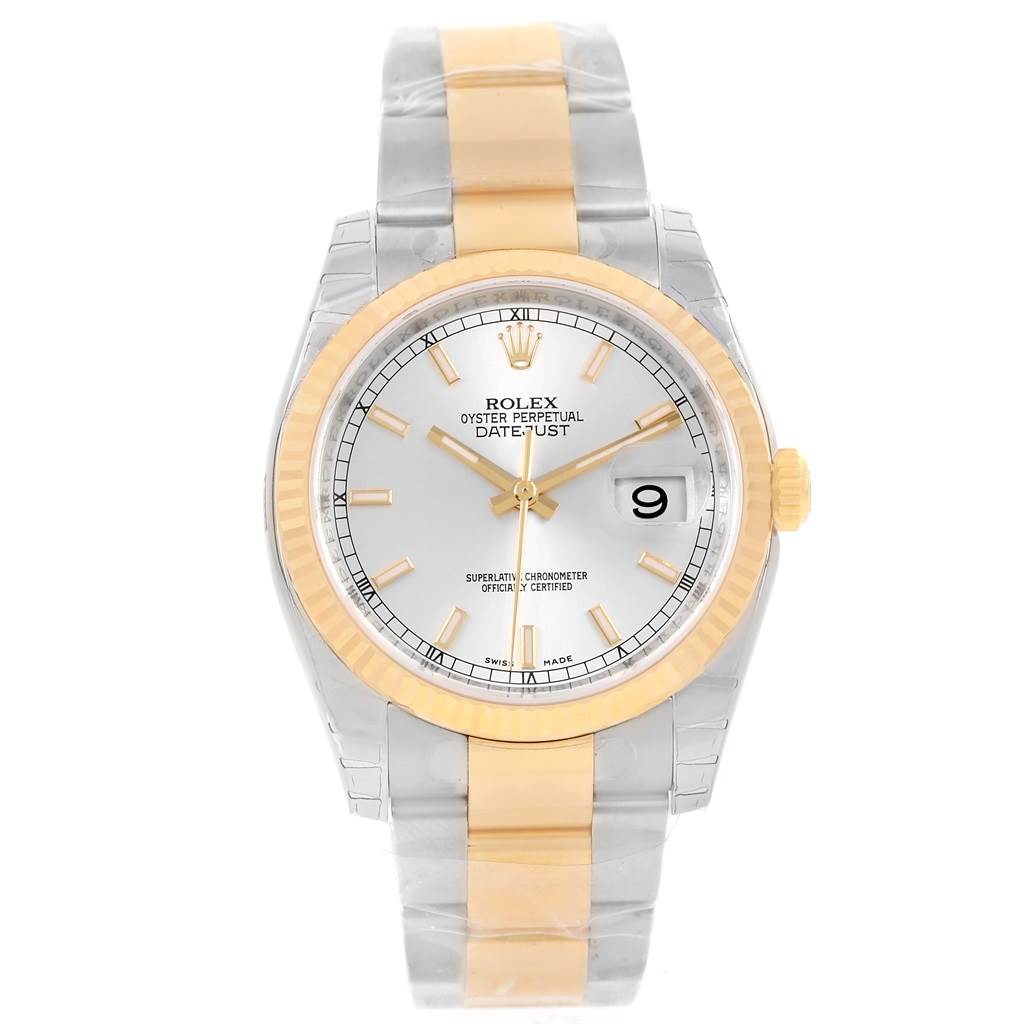 This image shows a front view of a Rolex Datejust 116233 Men's Stainless Steel Silver Dial 116233 Men's Stainless Steel Silver Dial watch, highlighting the dial, bezel, crown, and bracelet.