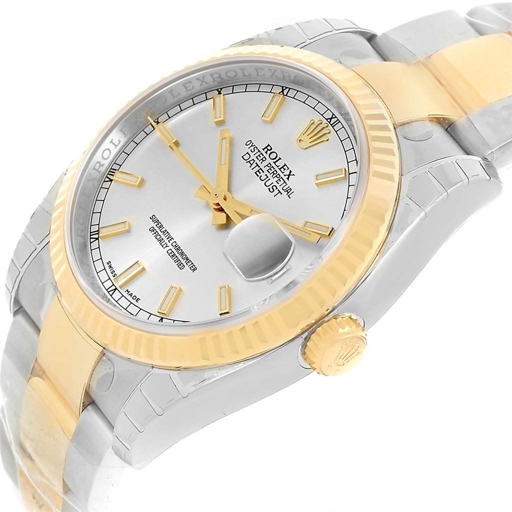 This image displays a Rolex Datejust 116233 Men's Stainless Steel Silver Dial 116233 Men's Stainless Steel Silver Dial watch at an angled view, showing the face, bezel, crown, and part of the bracelet.