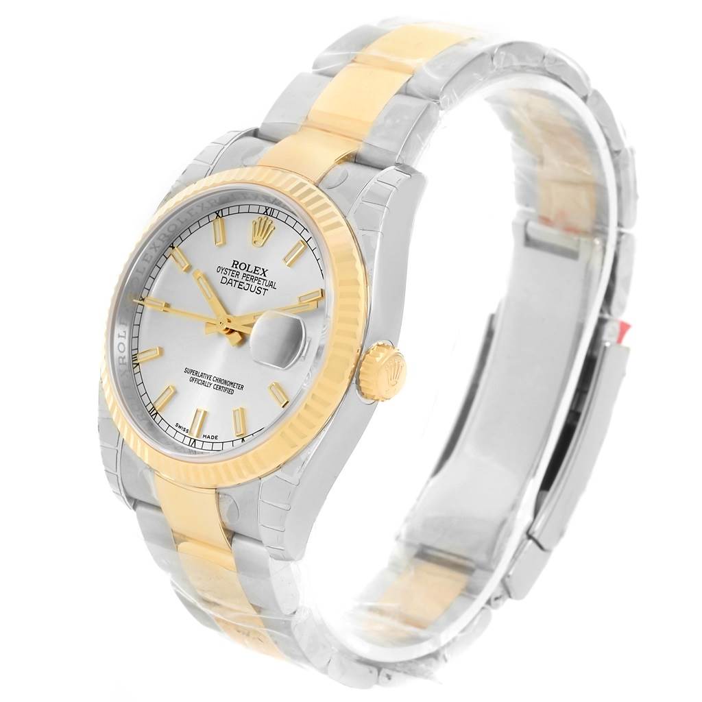 This image shows a Rolex Datejust 116233 Men's Stainless Steel Silver Dial 116233 Men's Stainless Steel Silver Dial model at a slight angle from the front, displaying the face, bezel, and part of the bracelet.