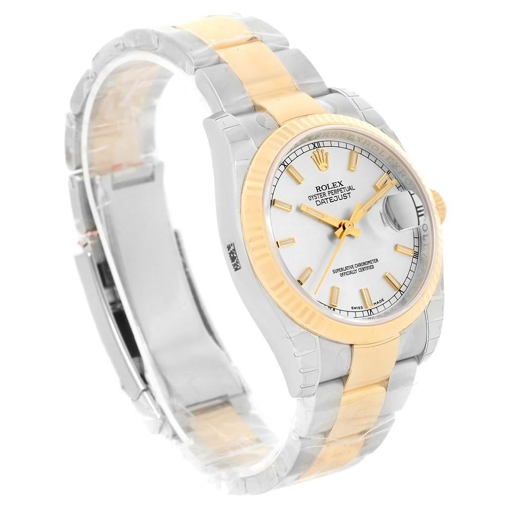 The image shows a side view of the Rolex Datejust 116233 Men's Stainless Steel Silver Dial 116233 Men's Stainless Steel Silver Dial watch, highlighting its two-tone bracelet, bezel, dial, and clasp.