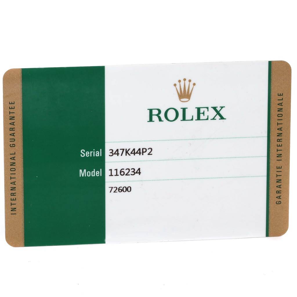 The image shows an international guarantee card for the Rolex Datejust 116234 Men's Stainless Steel Black Dial 116234 Men's Stainless Steel Black Dial model 116234.