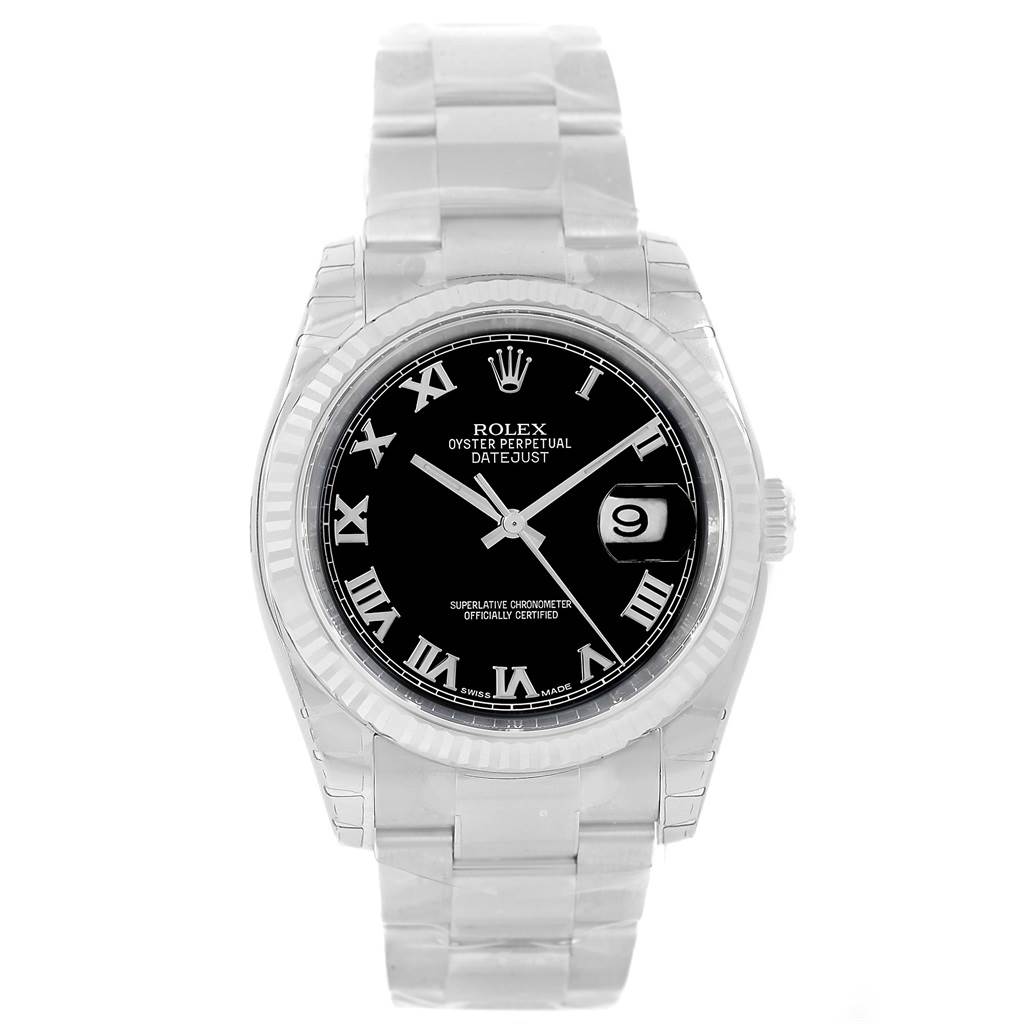 The image shows a front view of the Rolex Datejust 116234 Men's Stainless Steel Black Dial 116234 Men's Stainless Steel Black Dial watch, highlighting its dial, date window, and bracelet.