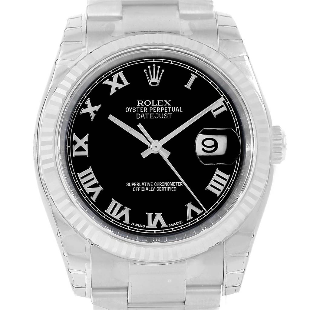 The image shows the front view of a Rolex Datejust 116234 Men's Stainless Steel Black Dial 116234 Men's Stainless Steel Black Dial watch displaying its black dial with Roman numerals and date window.