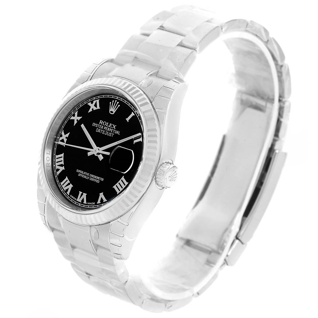 The image shows a Rolex Datejust 116234 Men's Stainless Steel Black Dial 116234 Men's Stainless Steel Black Dial watch from a slightly angled side view, highlighting the bezel, dial, bracelet, and crown.