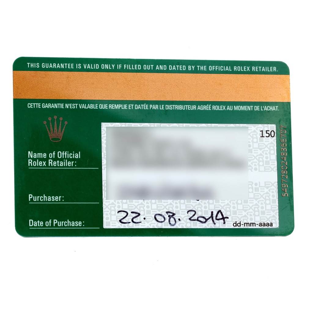 This is a front view of a Rolex warranty card for a Datejust model, showing purchase details and authenticity verification.