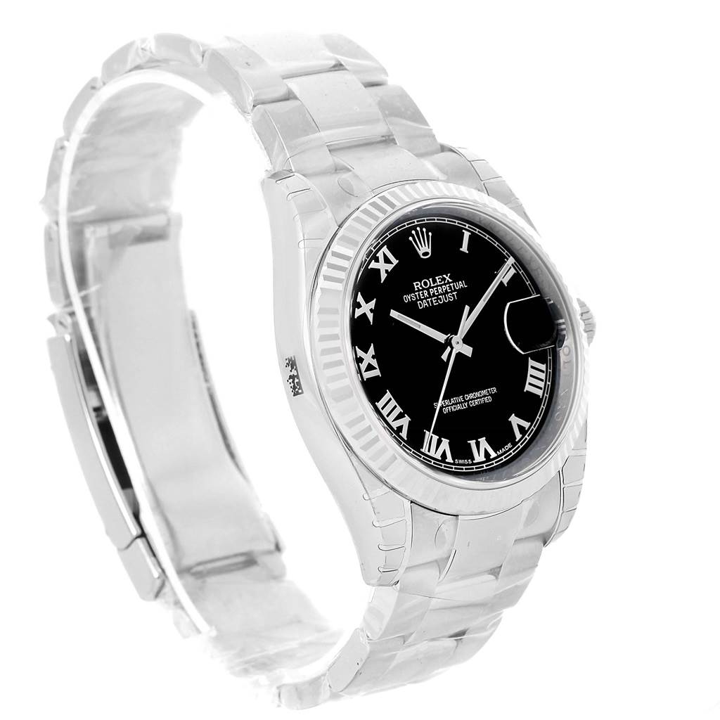 The Rolex Datejust 116234 Men's Stainless Steel Black Dial 116234 Men's Stainless Steel Black Dial watch is shown at a three-quarter angle, highlighting its bracelet, watch face, and bezel.