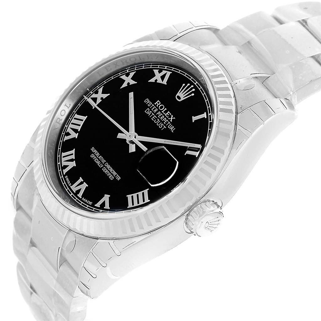 The image shows a Rolex Datejust 116234 Men's Stainless Steel Black Dial 116234 Men's Stainless Steel Black Dial watch at a slight angle, highlighting its black dial, Roman numeral markers, fluted bezel, and Jubilee bracelet.