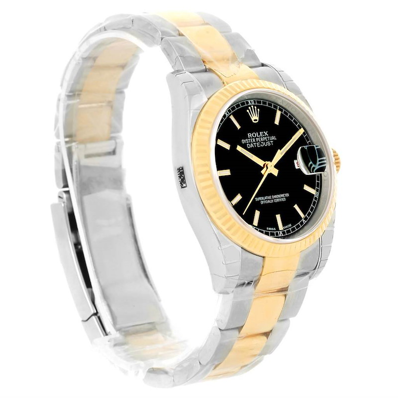 The Rolex Datejust watch is shown at a side angle, highlighting its bezel, dial, and two-tone bracelet.