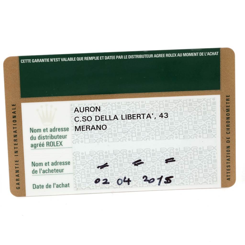 The image shows a guarantee certificate for a Rolex Datejust 116233 Men
s Stainless Steel Black Dial 116233 Men
s Stainless Steel Black Dial watch, featuring distributor and purchase details.