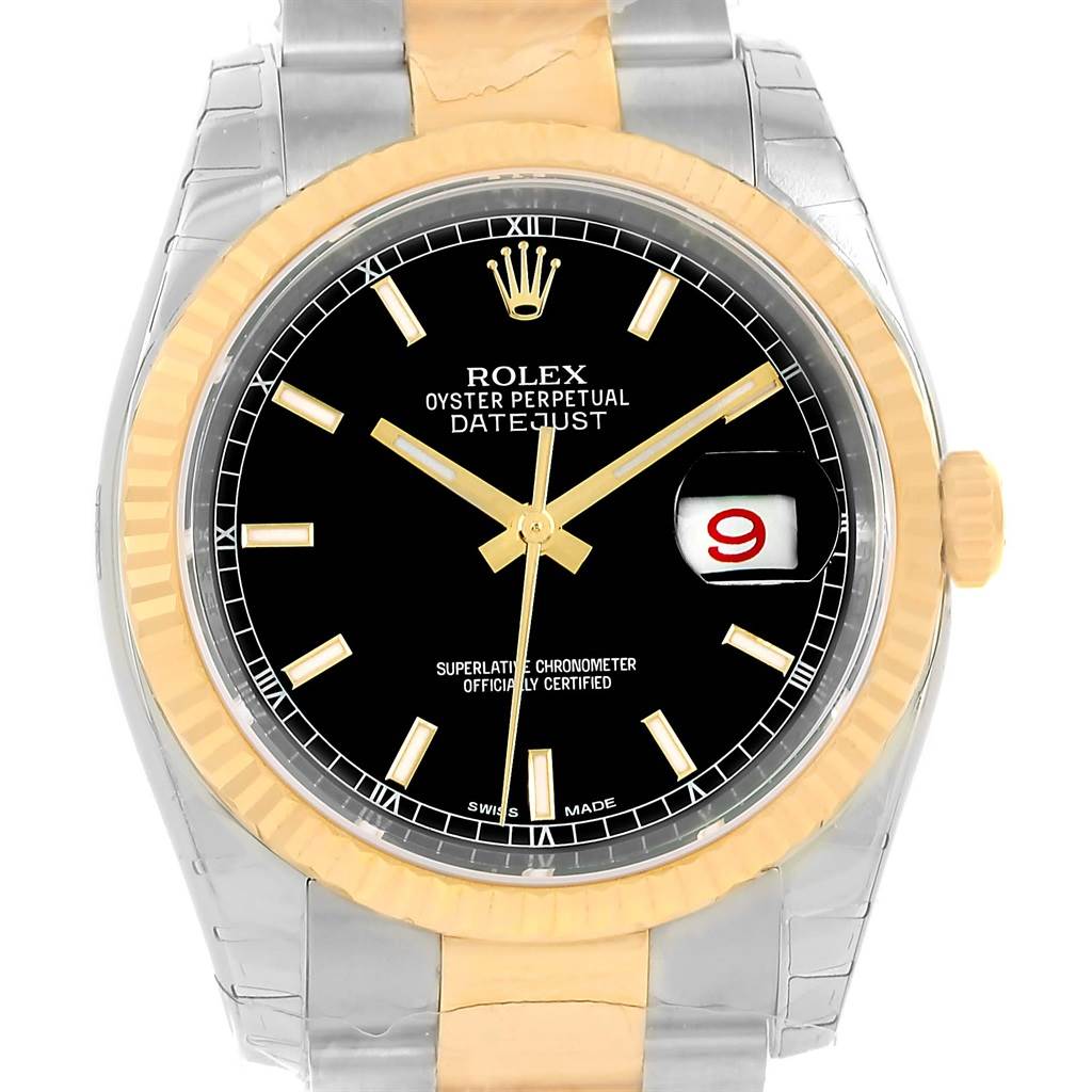 This image shows a front view of a Rolex Datejust 116233 Men
s Stainless Steel Black Dial 116233 Men
s Stainless Steel Black Dial, highlighting the dial, hour markers, date window, and parts of the bezel and bracelet.