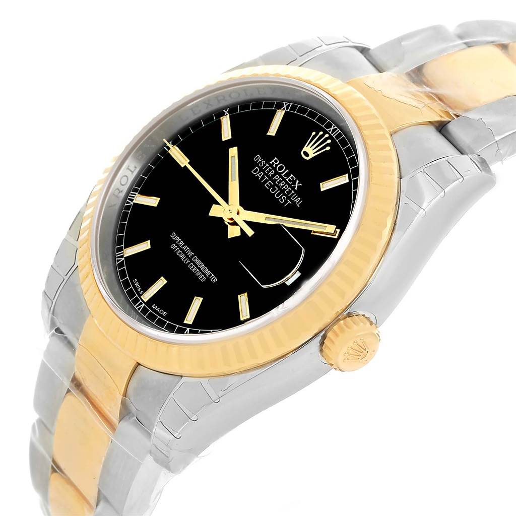 The image shows a Rolex Datejust 116233 Men
s Stainless Steel Black Dial 116233 Men
s Stainless Steel Black Dial watch from a side angle featuring the dial, bezel, and part of the bracelet.