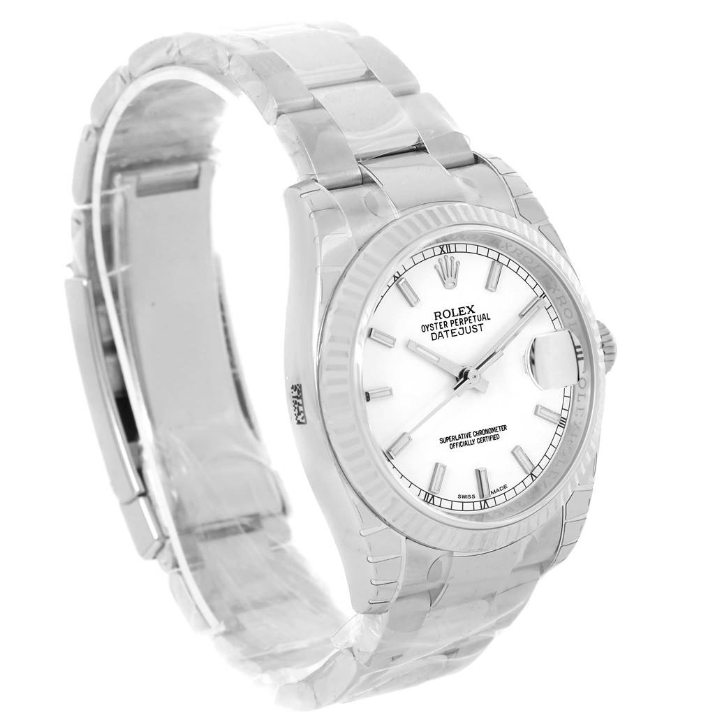 The image shows a Rolex Datejust 116234 Men
s Stainless Steel White Dial 116234 Men
s Stainless Steel White Dial watch at a three-quarter angle, highlighting the dial, bracelet, and case.