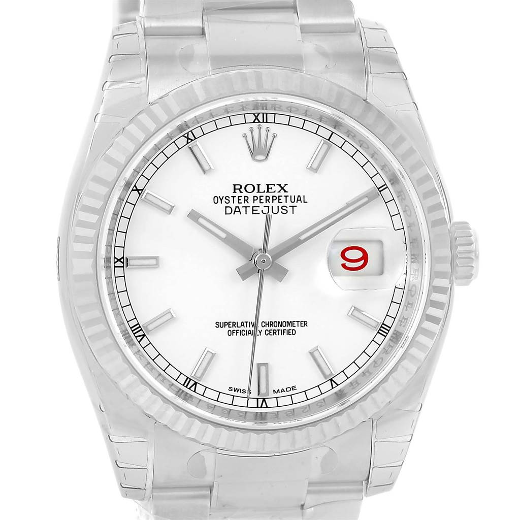 The image shows a Rolex Datejust 116234 Men
s Stainless Steel White Dial 116234 Men
s Stainless Steel White Dial watch from a frontal angle, highlighting the dial, bezel, and bracelet links.