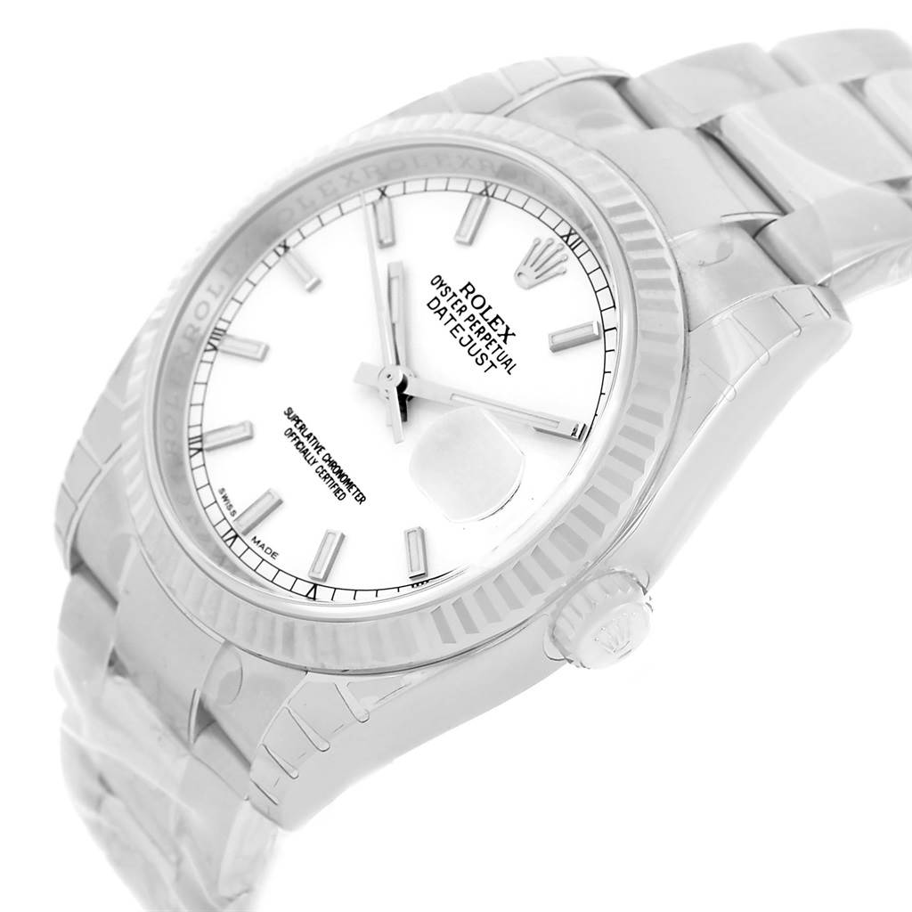 The image shows a Rolex Datejust 116234 Men
s Stainless Steel White Dial 116234 Men
s Stainless Steel White Dial watch at a slight angle, highlighting the dial, bezel, and part of the bracelet.