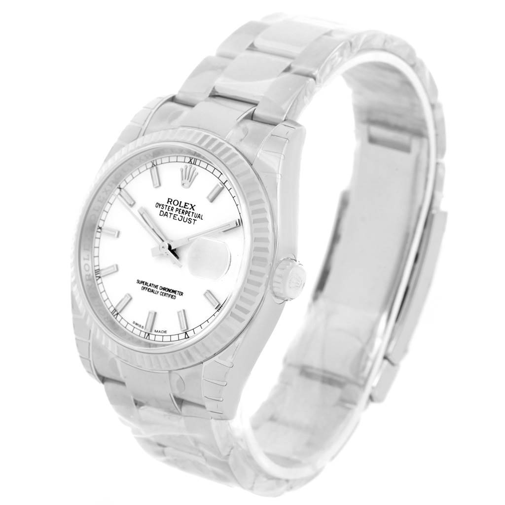 The Rolex Datejust 116234 Men
s Stainless Steel White Dial 116234 Men
s Stainless Steel White Dial watch is shown at an angled view, displaying the dial, bezel, crown, and bracelet.