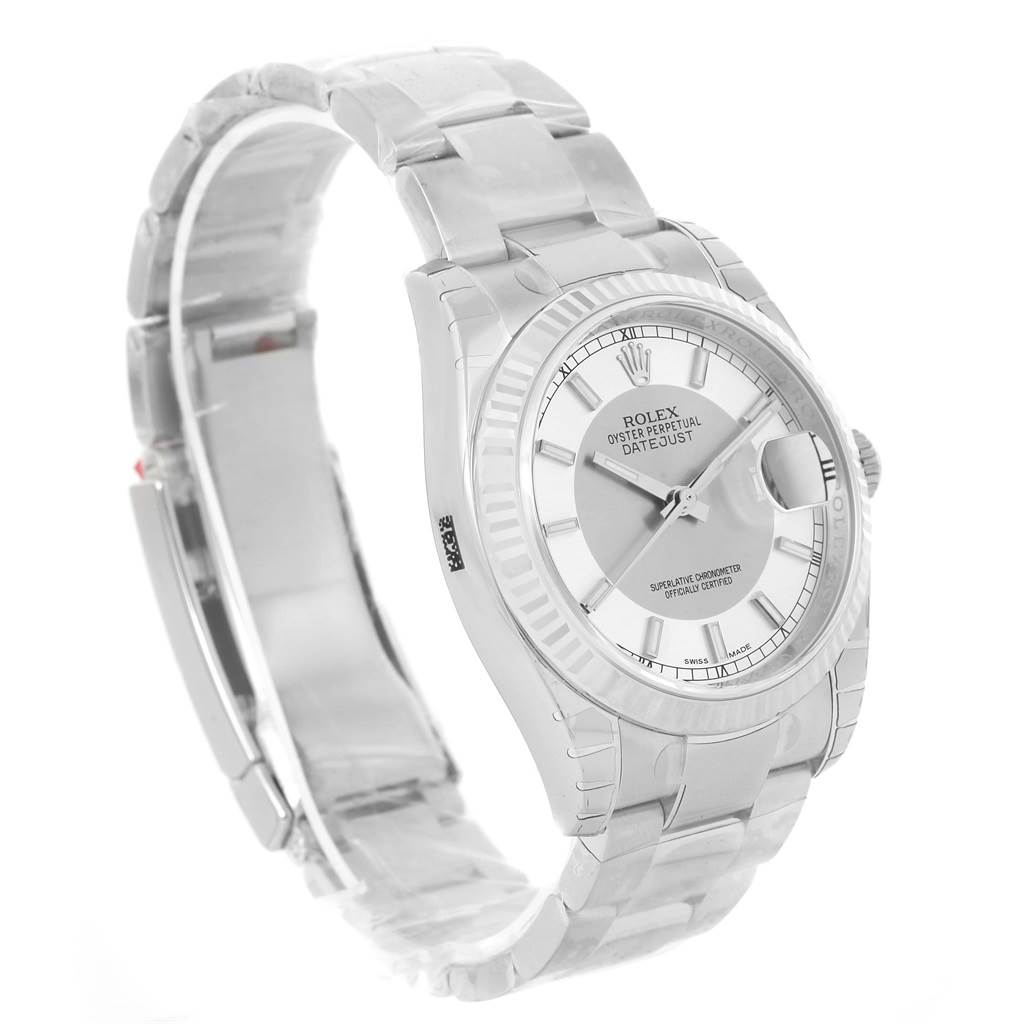 This image shows a front-side angle of a Rolex Datejust 116234 Men
s Stainless Steel Silver Dial 116234 Men
s Stainless Steel Silver Dial watch highlighting the dial, bezel, and part of the bracelet.