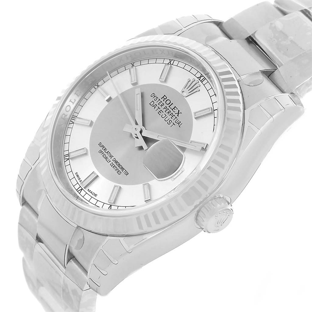 The image shows a Rolex Datejust 116234 Men
s Stainless Steel Silver Dial 116234 Men
s Stainless Steel Silver Dial watch angled to display the dial, bezel, crown, and part of the bracelet.