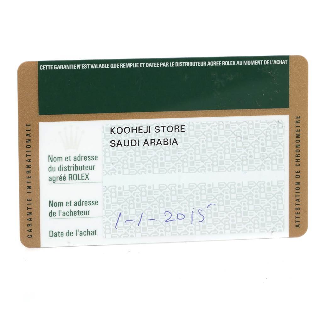 The image shows the international guarantee card for a Rolex Datejust 116234 Men
s Stainless Steel Silver Dial 116234 Men
s Stainless Steel Silver Dial, displaying the retailer
s name, location, and purchase date.