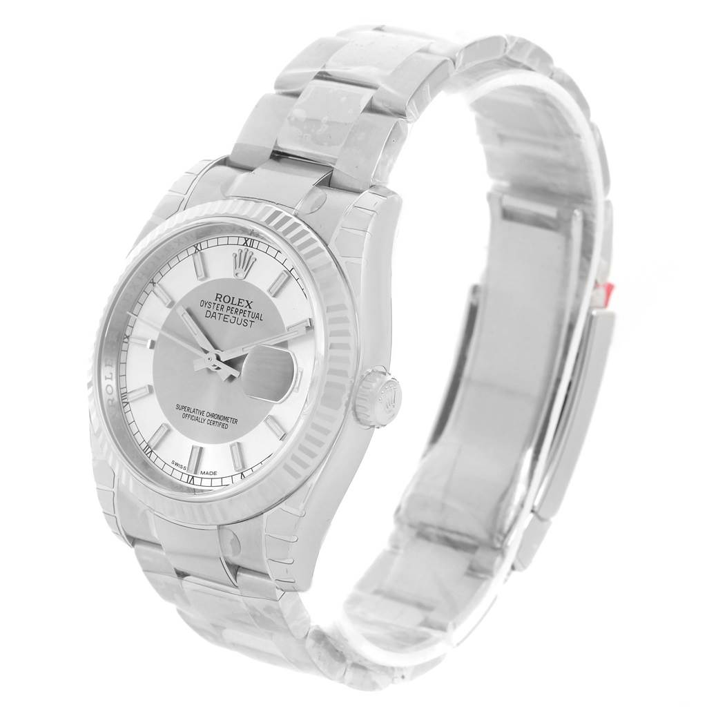 The image shows a Rolex Datejust 116234 Men
s Stainless Steel Silver Dial 116234 Men
s Stainless Steel Silver Dial watch at a three-quarter angle, highlighting the dial, bezel, crown, and bracelet.