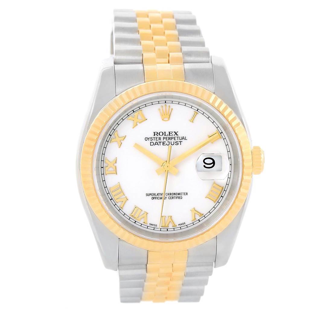 The image shows a front view of a Rolex Datejust 116233 Men's Stainless Steel White Dial 116233 Men's Stainless Steel White Dial watch, featuring a white dial, two-tone metal bracelet, and Roman numeral markers.