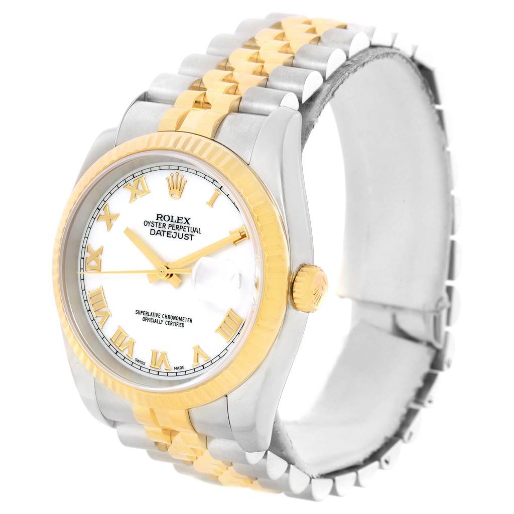 The image shows a Rolex Datejust 116233 Men's Stainless Steel White Dial 116233 Men's Stainless Steel White Dial watch from a slight front-side angle, highlighting its face, bezel, and bracelet.