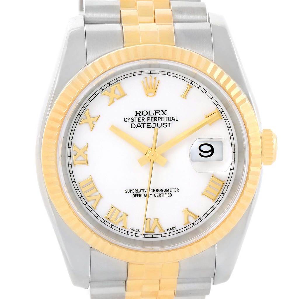 The image shows a frontal view of a Rolex Datejust 116233 Men's Stainless Steel White Dial 116233 Men's Stainless Steel White Dial watch featuring a white dial, gold Roman numerals, and a two-tone bracelet.