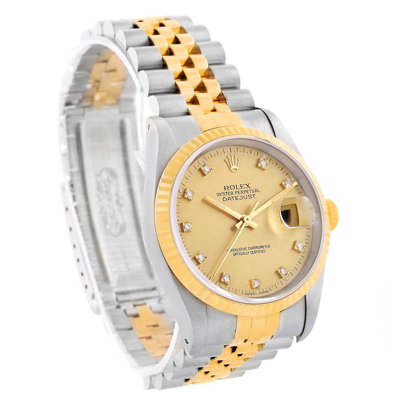 The image shows a Rolex Datejust watch from an angled side view, highlighting the dial, bezel, and two-tone bracelet.