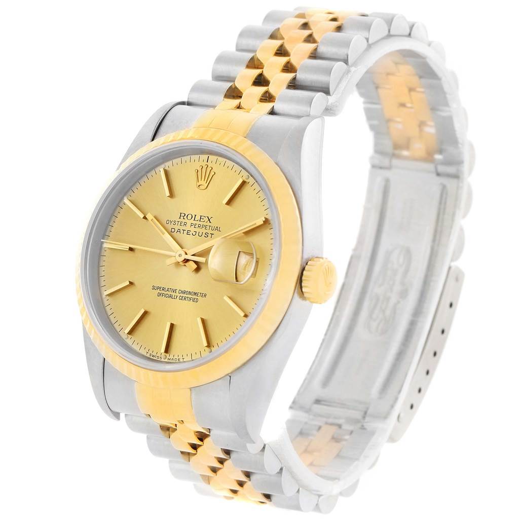 The Rolex Datejust 16233 Men's Steel and Gold (two tone) Champagne Dial 16233 Men's Steel and Gold (two tone) Champagne Dial watch is shown at an angle displaying its dial, crown, bezel, and two-tone Jubilee bracelet.