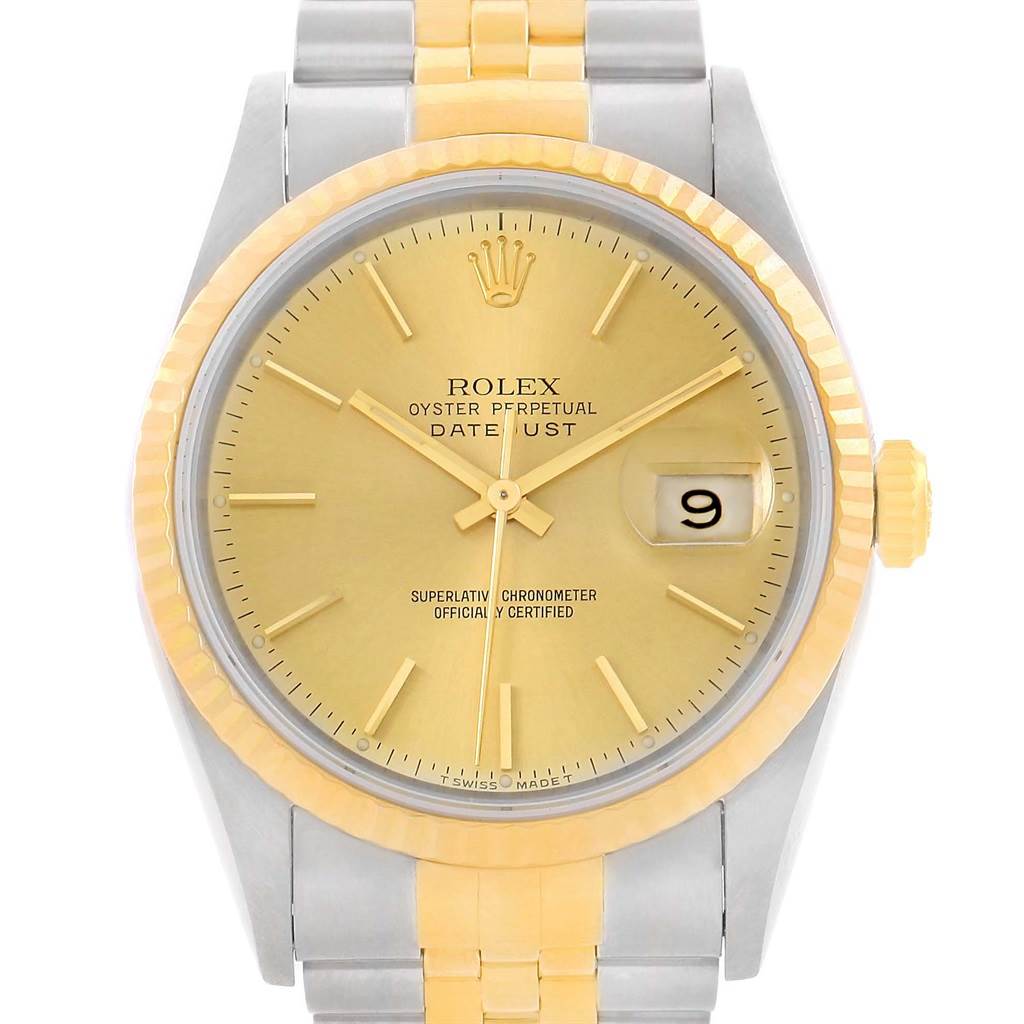 The image shows a frontal view of a Rolex Datejust 16233 Men's Steel and Gold (two tone) Champagne Dial 16233 Men's Steel and Gold (two tone) Champagne Dial watch, displaying the face, bezel, crown, and part of the bracelet.