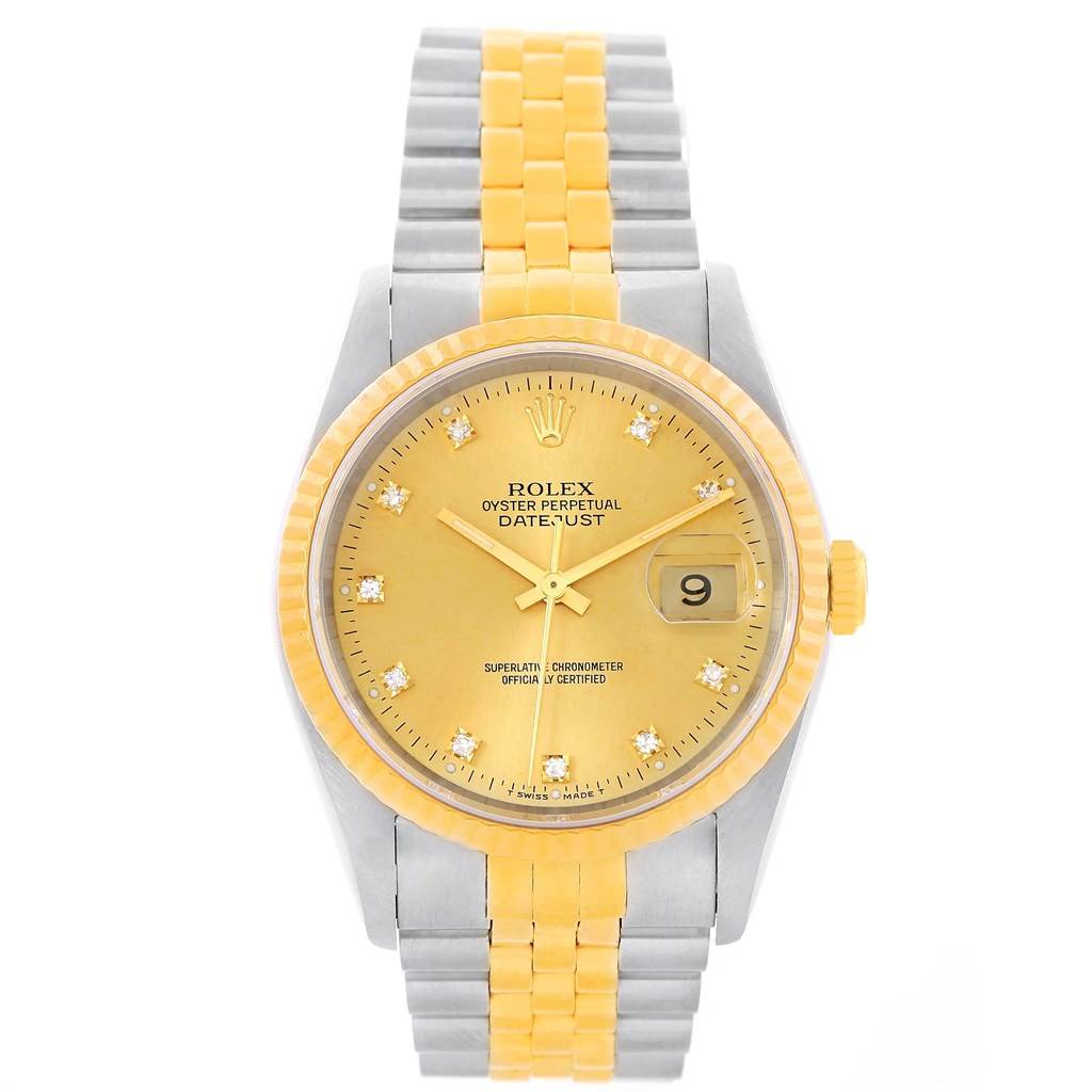 The Rolex Datejust 16013 Stainless Steel Champagne Dial 16013 Stainless Steel Champagne Dial watch is shown from a top-down angle displaying the dial, bezel, crown, and bracelet.