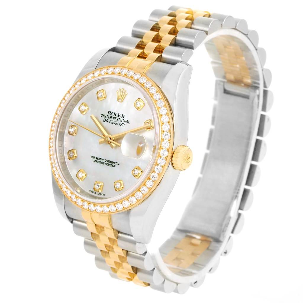 The Rolex Datejust 116243 Men's Stainless Steel Mother of Pearl Dial 116243 Men's Stainless Steel Mother of Pearl Dial watch is shown at a slight angle, displaying the face, bezel, crown, and two-tone jubilee bracelet.