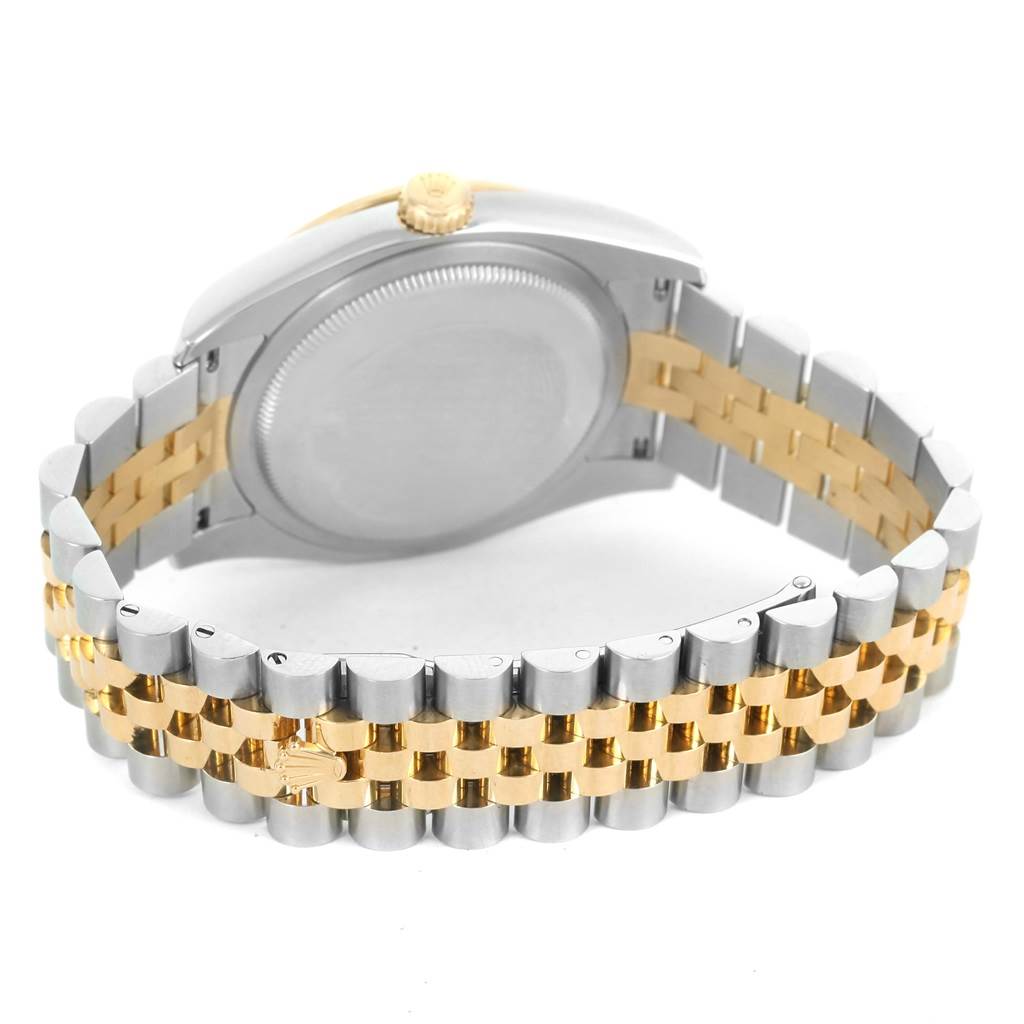 This image shows the back case and jubilee bracelet of a Rolex Datejust 116243 Men's Stainless Steel Mother of Pearl Dial 116243 Men's Stainless Steel Mother of Pearl Dial watch from an angled rear view.