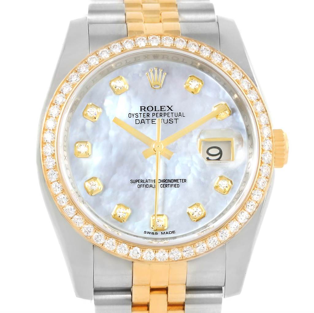 This image shows a Rolex Datejust 116243 Men's Stainless Steel Mother of Pearl Dial 116243 Men's Stainless Steel Mother of Pearl Dial watch head-on, highlighting its face, bezel, crown, and part of its jubilee bracelet.